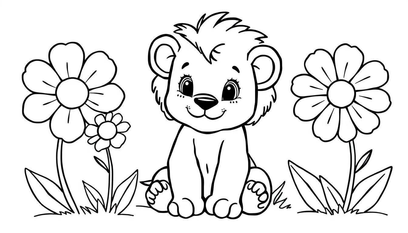 Main art studio: A cute chubby baby lion cub sitting among three large simple flowers, black and white children's coloring page, ages 2–5, very thick black outlines, l