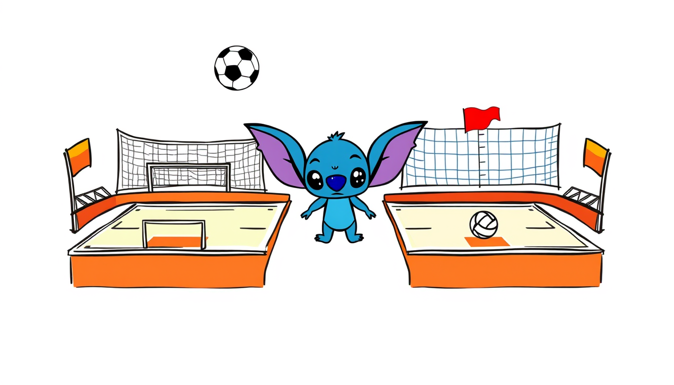 AI Art prompt example created from the prompt: Dibujo escolar sencillo y creativo, personaje azul tierno de fantasía en el centro, dividido en dos partes: cancha de fútbol con portería y
