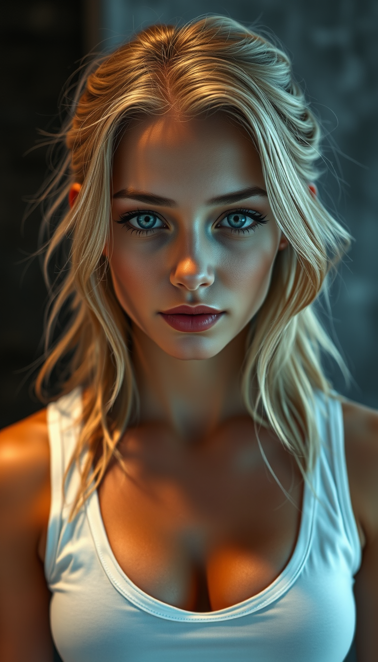 Realistic AI Image idea created from the prompt: photorealistic generated image, natural materials and skin texture, physically plausible lighting, Beautiful young woman, blonde hair, blue 