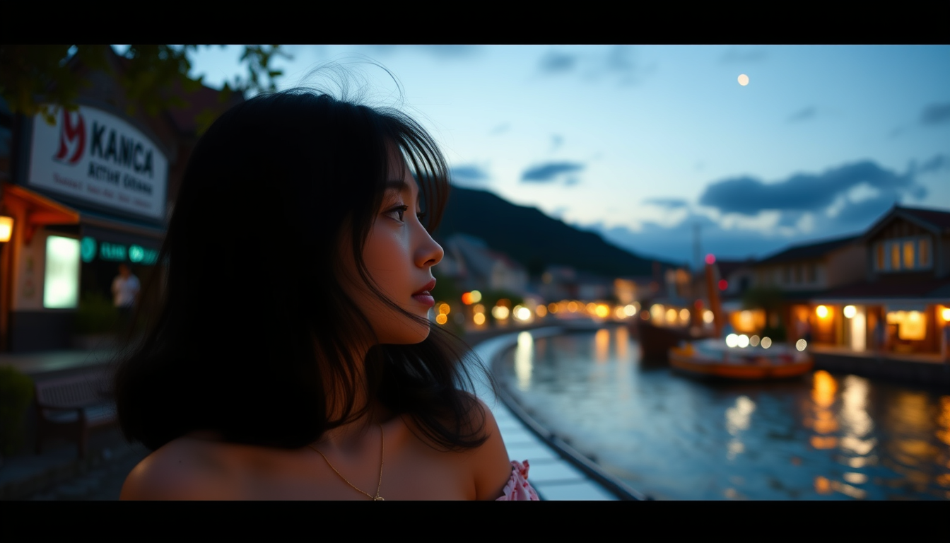 Main art studio: 日本の夏の夕暮れ。海辺の砂浜に立つ若い女性。白い夏服と麦わら帽子、風になびく髪。夕日に照らされた海、青い空と薄い雲、波打ち際に反射するオレンジ色の光。蝉の声が聞こえてきそうな静かで爽やかな夏の情景。自然な人物表現、映画のワンシーンのような構図。高品質で美しい画像。