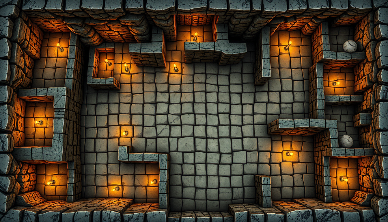 Dungeon Maps idea: top-down dungeon map, grid tiles, rooms and corridors, hand-drawn RPG cartography, mazmorra cueva subterránea con diferentes salas, piedra natural, il