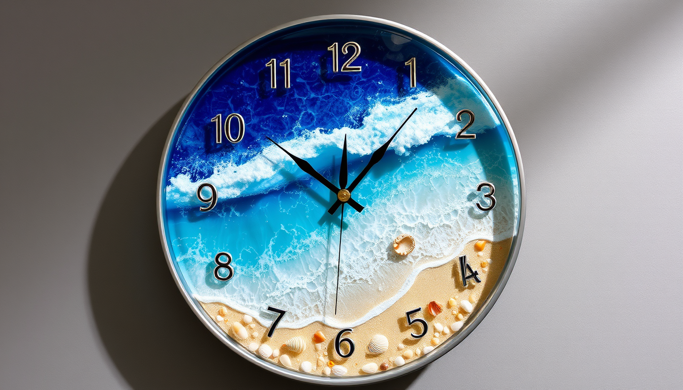 Main art studio: A beautiful resin wall clock with an ocean and beach design, realistic blue sea waves, sandy beach, seashells and small stones, all details embedded i