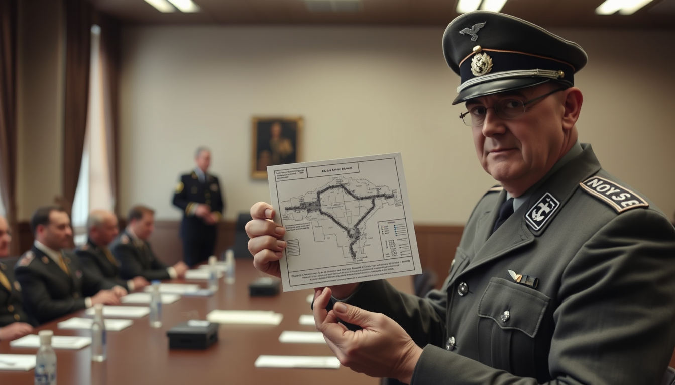 Main art studio: je veux une image d'un officier nazi présentant une carte avec le plan d'attaque de dunkerque. La scéne se passe dans une salle de réunion.