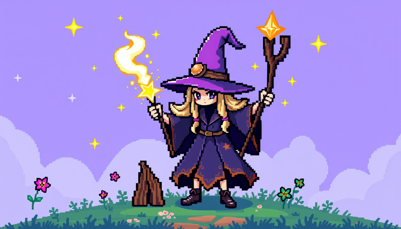Sprites idea: pixel art game sprite, clean pixel grid, retro 16-bit palette, fleur delacour witch magic.io game sprite sheet , game-ready sprite sheet