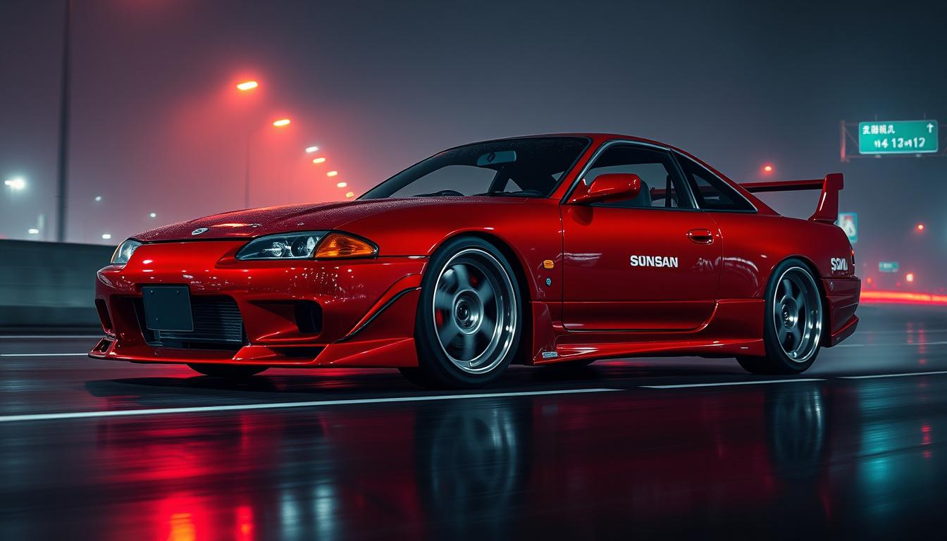 Main art studio: Realistic 1997–98 Nissan Silvia S14 Kouki, Candy Apple Red metallic, aggressive aero kit, deep bumper and side skirts, polished deep-dish chrome wheel