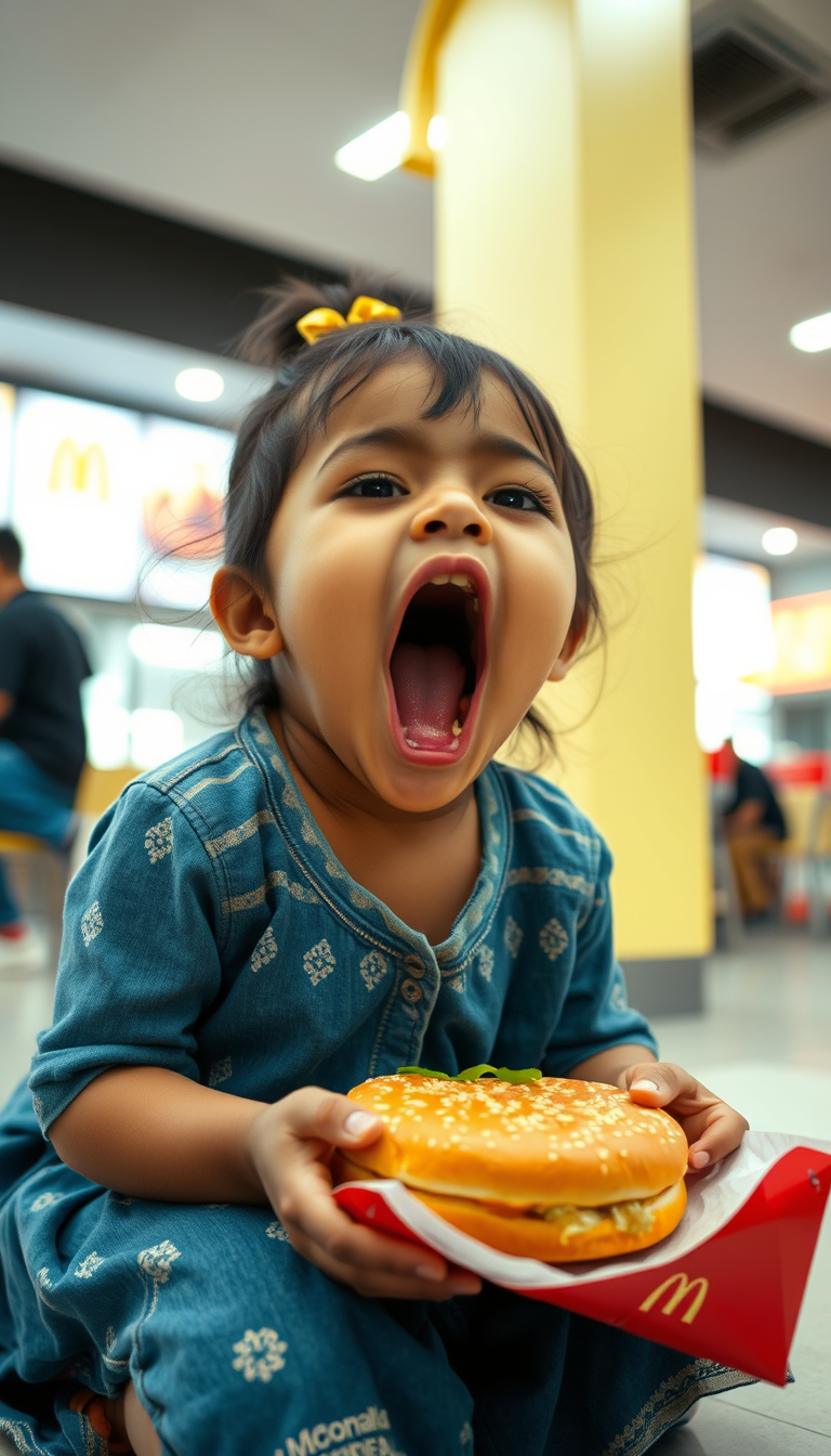 Main art studio: little indian girl in a mcdonalds on her knees with mouth open and mouthfull of chewed burger