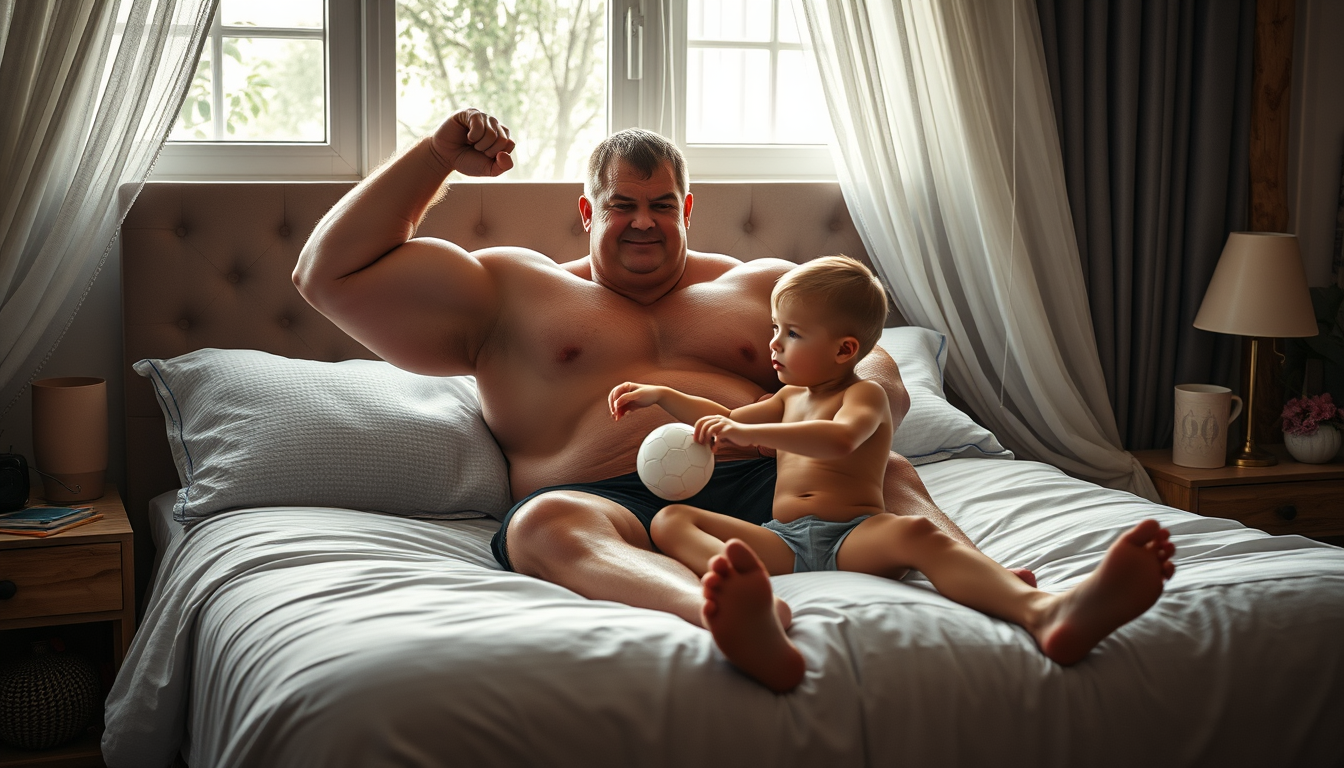 Main art studio: nnormal riesiger russsicher dominanter bodybuilder, barfuss, spielt auf einem bett zum spass mit einem dürren kleinen 18 jährigen sportskollegen karte