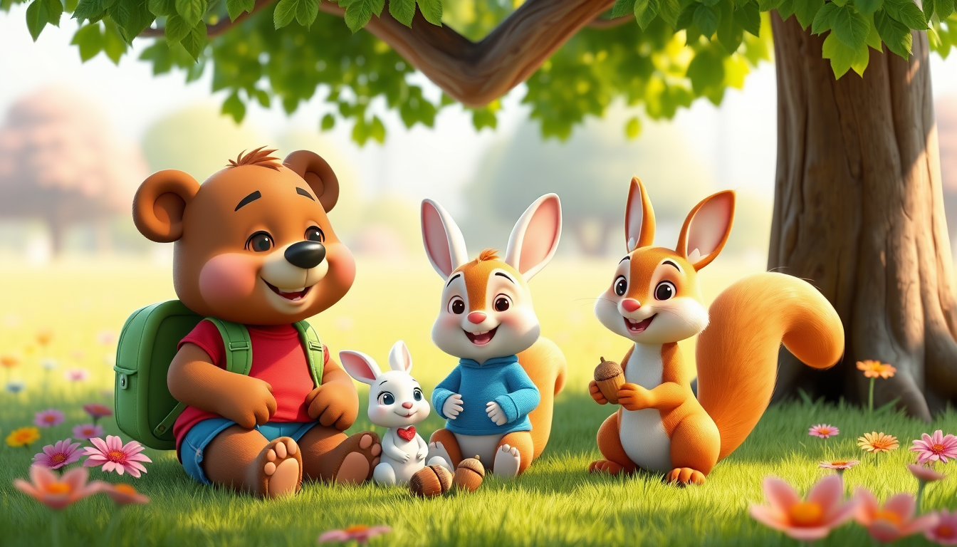 Main art studio: 3D animated children's cartoon. Bruno, a cute brown bear in a red T-shirt, blue shorts, and green backpack, Benny, a small white rabbit in a blue shir
