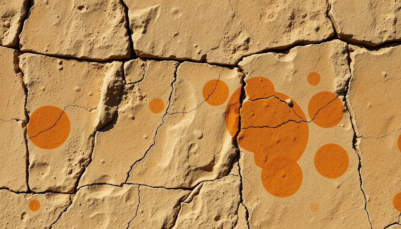 Main art studio: A weathered sandstone wall with irregular cracks and natural stains that appear to resemble a human face, close-up showing how ordinary shapes can loo