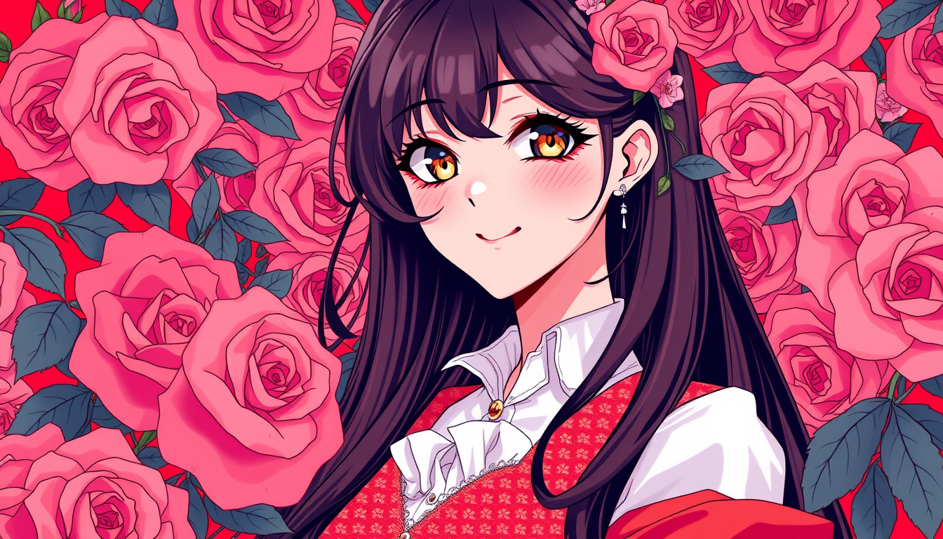 Anime idea: anime style, vibrant colors, expressive eyes, Ilustração digital em estilo mangá/shoujo colorido, delicada e refinada. Jovem adulta entre rosas vermel