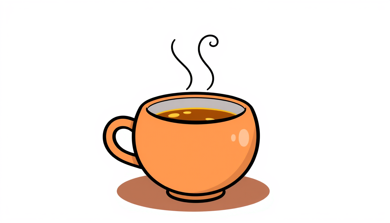 Main art studio: Cute 2D cartoon vector tea cup, Scratch-style. A rounded ceramic mug with very smooth curved shapes, soft thick black outlines, simple friendly design