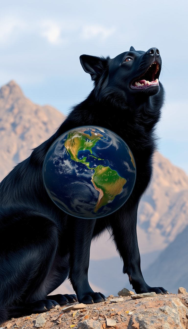 Main art studio: un grand chien noir, féroce, a trois tètes, la tète du milieux pencher en bas mange une planète, les deux tètes de chaque cotes relevés haut recraches