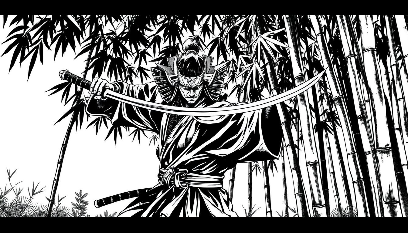 Manga idea: manga panel, black-and-white ink, screentone shading, expressive line weight, a samurai drawing his blade in a bamboo grove , manga page composition, 