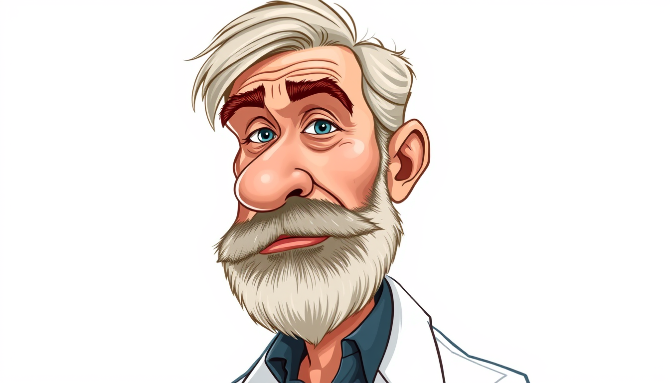 Main art studio: caricature of a man with grey hair and a blond short beard and a lab coat