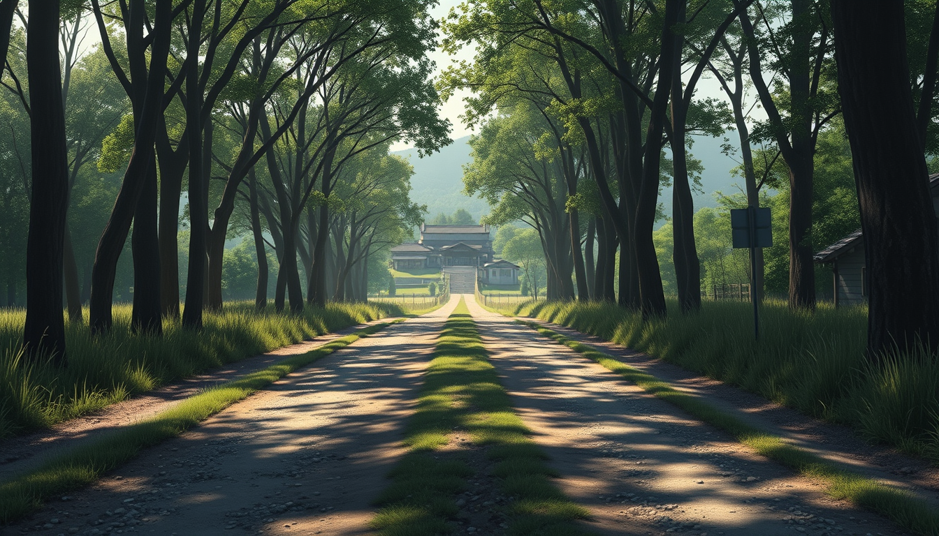 AI Art prompt example created from the prompt: A long rural dirt road emerging from a forest and leading toward the distant rooftops of a small traditional Japanese village, trees framing