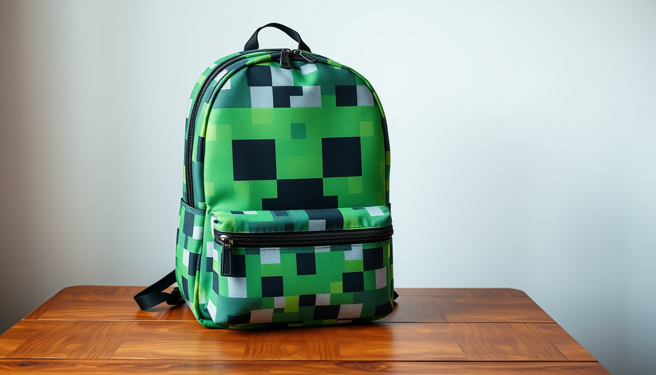 AI Art prompt example created from the prompt: Ultra-photorealistic Minecraft school backpack on a simple wooden table. The backpack clearly features recognizable Minecraft pixel-art grap