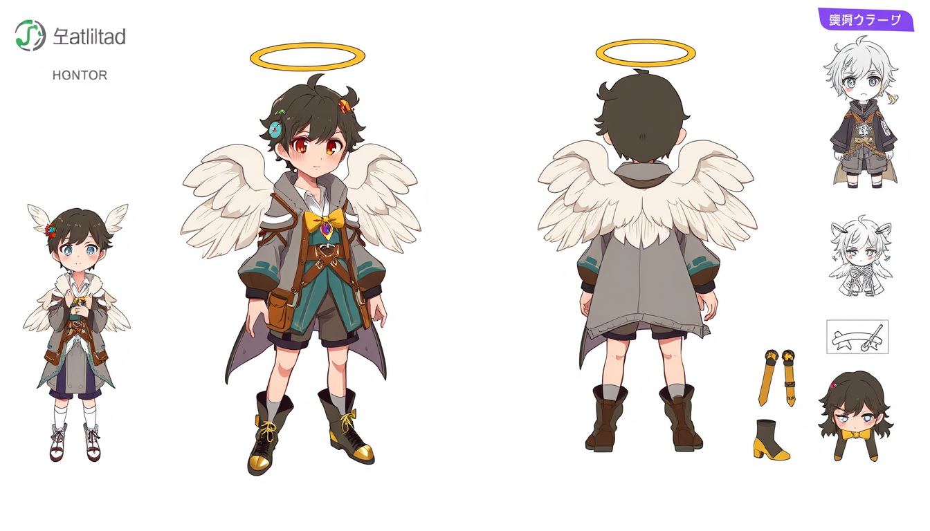 Characters idea: original character design, detailed outfit and accessories, expressive personality, crear un personaje de una angelito bebe , character concept art il