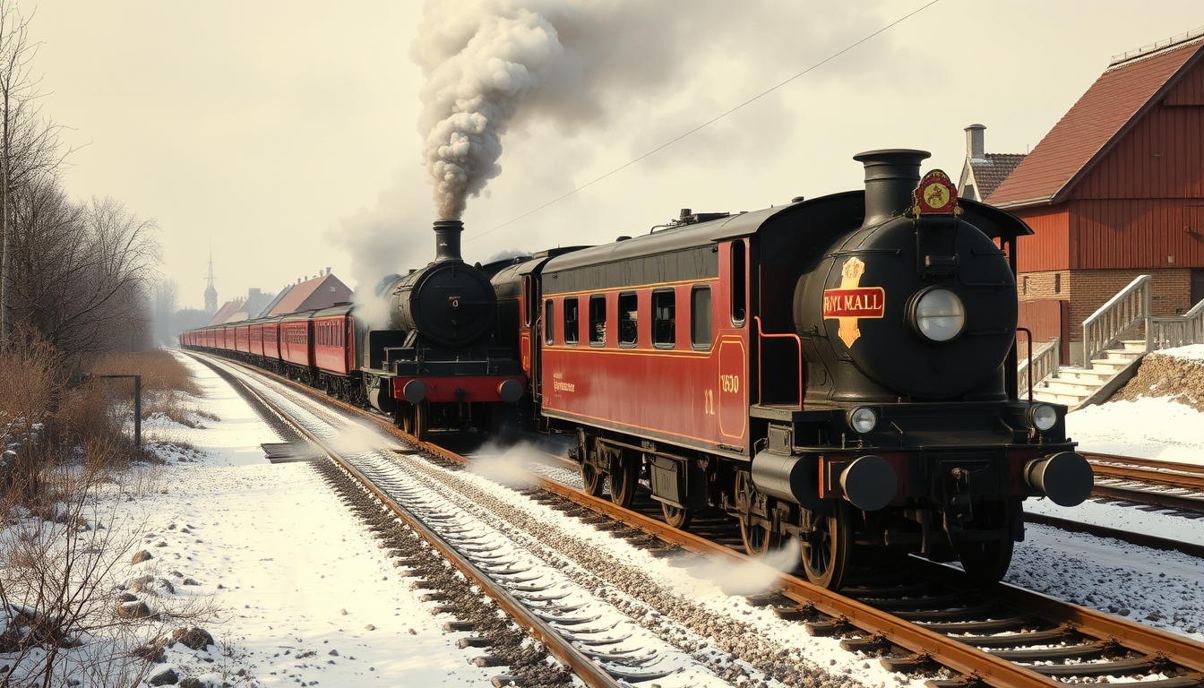 Main art studio: Erstelle mir ein Bild. Ein Zug in den 1930ern fährt auf Schienen. Auf dem Zug soll folgendes stehen. Royal mail Train. Auf dem Bild muss deutlich irge
