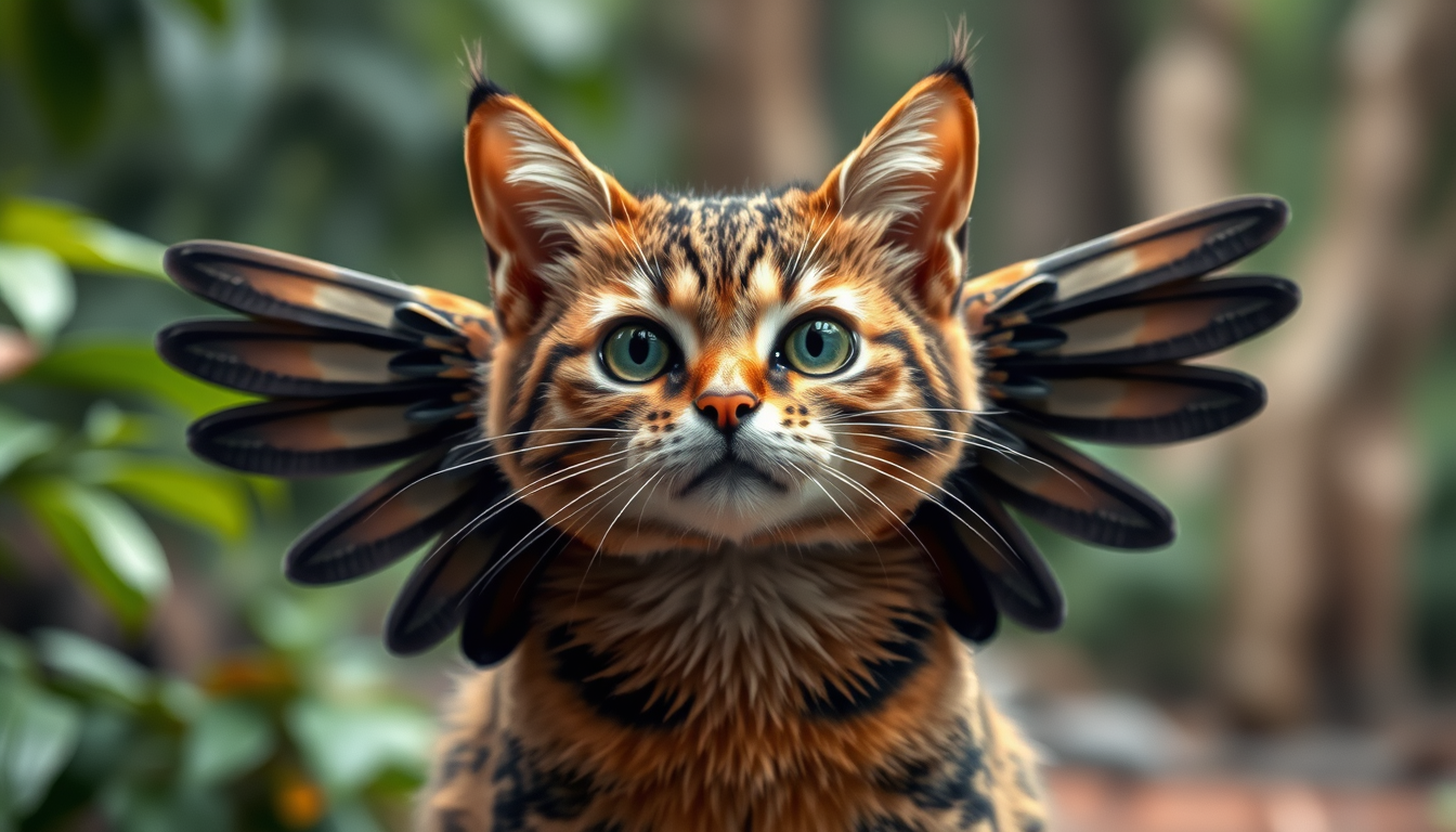 Main art studio: can you make a cat with bird wings and a beak, ad a rain forest bakground