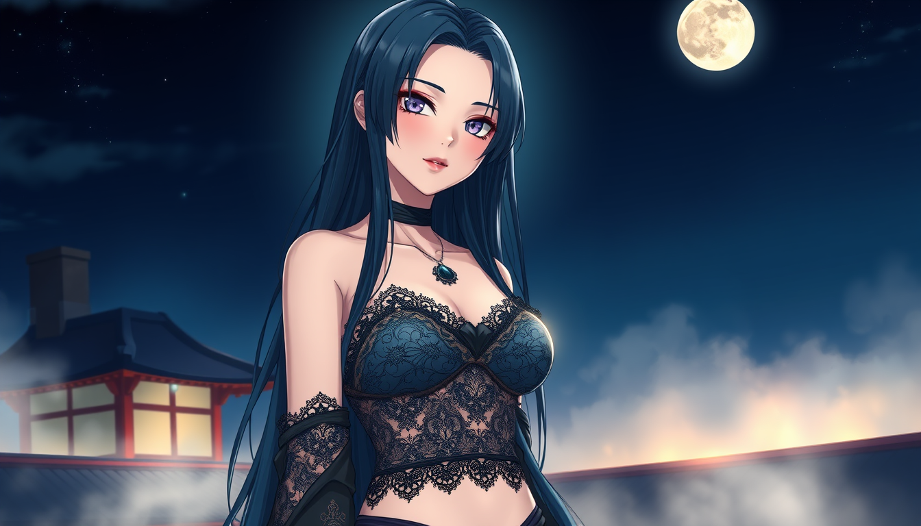 Anime idea: anime style, vibrant colors, expressive eyes, Semi-realistic adult Hinata-inspired kunoichi goddess, standing under a huge full moon. Long dark blue h