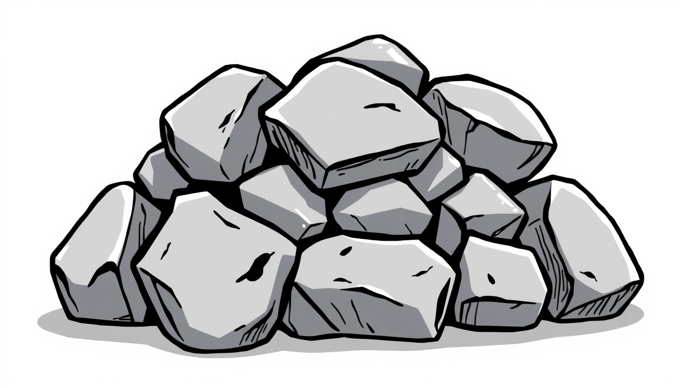 Game Asset idea created from the prompt: 2D game asset, clean isolated object, consistent art style, Hand-drawn cartoon pile of gray rocks, thick black outline, white border, chunky