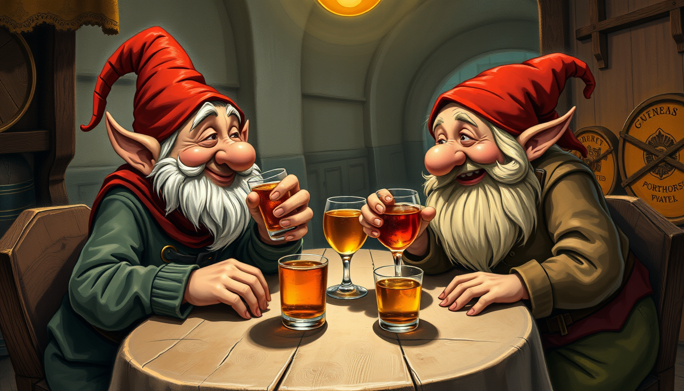 Main art studio: Rien Poortvlieta gnome and a dwarf at a table having drinks and laughing in the style of Rien Poortvliet
