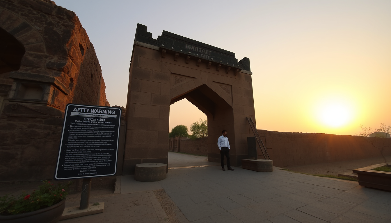 Main art studio: The entrance gate of Bhangarh Fort near sunset, an official warning board beside the ancient sandstone archway, fading daylight, empty entrance path,