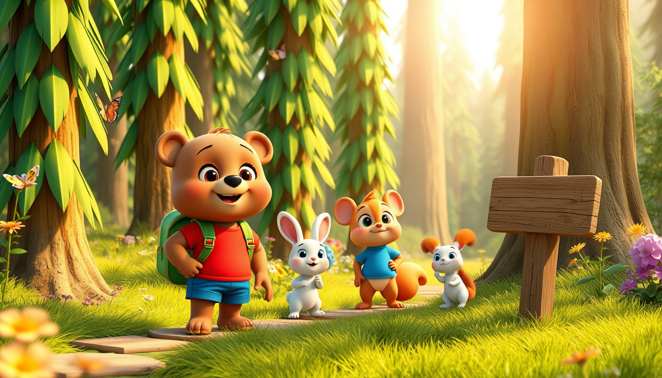 Main art studio: 3D animated children's cartoon. Bruno, a cute brown bear wearing a red T-shirt, blue shorts, and green backpack, explores a hidden forest path with Be