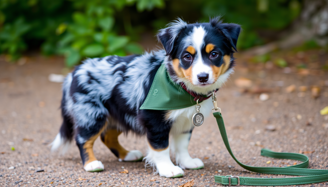 Main art studio: 🐶 Blue-merle Miniature American Shepherd 🌲 Tree bandana 🫒 Olive-green shoes 🤎 Dark-brown collar 🌙 Silver moon charm 💚 Green leash