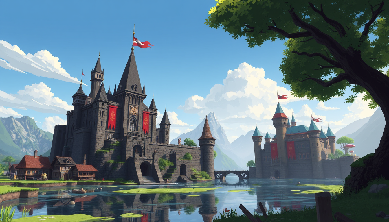 Main art studio: can you create a cartoony art style but make it look like it was drawn hhave this picture in a minecraft world next to a river with a village and a gi