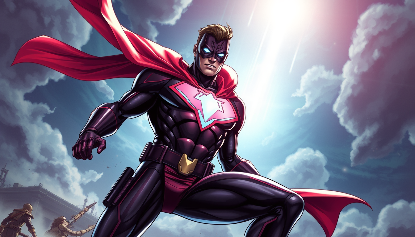 Superhero idea created from the prompt: original superhero character design, dynamic pose, bold costume, dramatic lighting, comic art energy, super-héros dans le ciel , original he