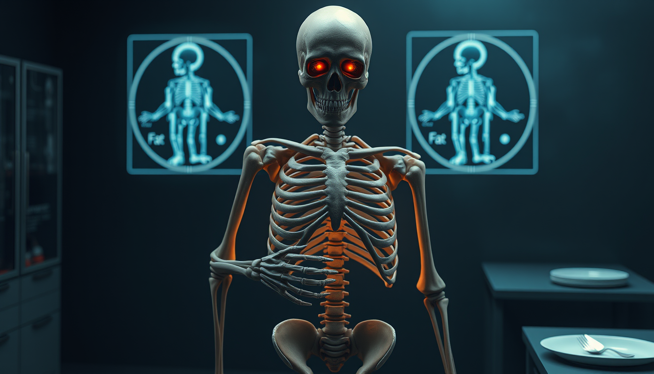 Main art studio: A realistic full-body human skeleton character after 3–4 days without eating. The skeleton looks noticeably weaker and exhausted, with glowing tired e