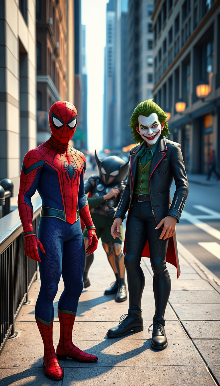 Main art studio: A highly detailed 3D-style scene of Spider-Man, Thor, and the Joker standing together on a city sidewalk during the daytime, all three looking directl