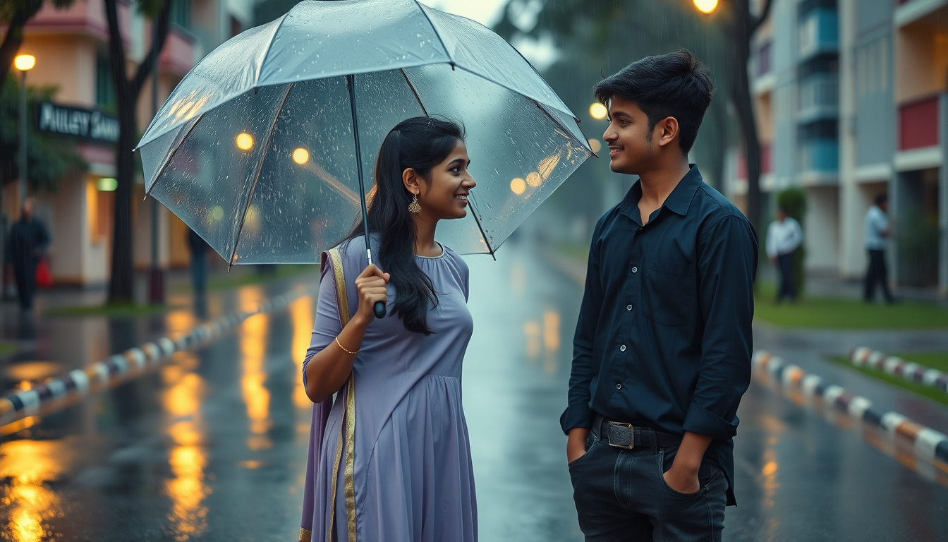 AI Art prompt example created from the prompt: Photorealistic cinematic Indian college campus on a rainy evening. Use the exact same girl and boy from the reference image, preserving thei