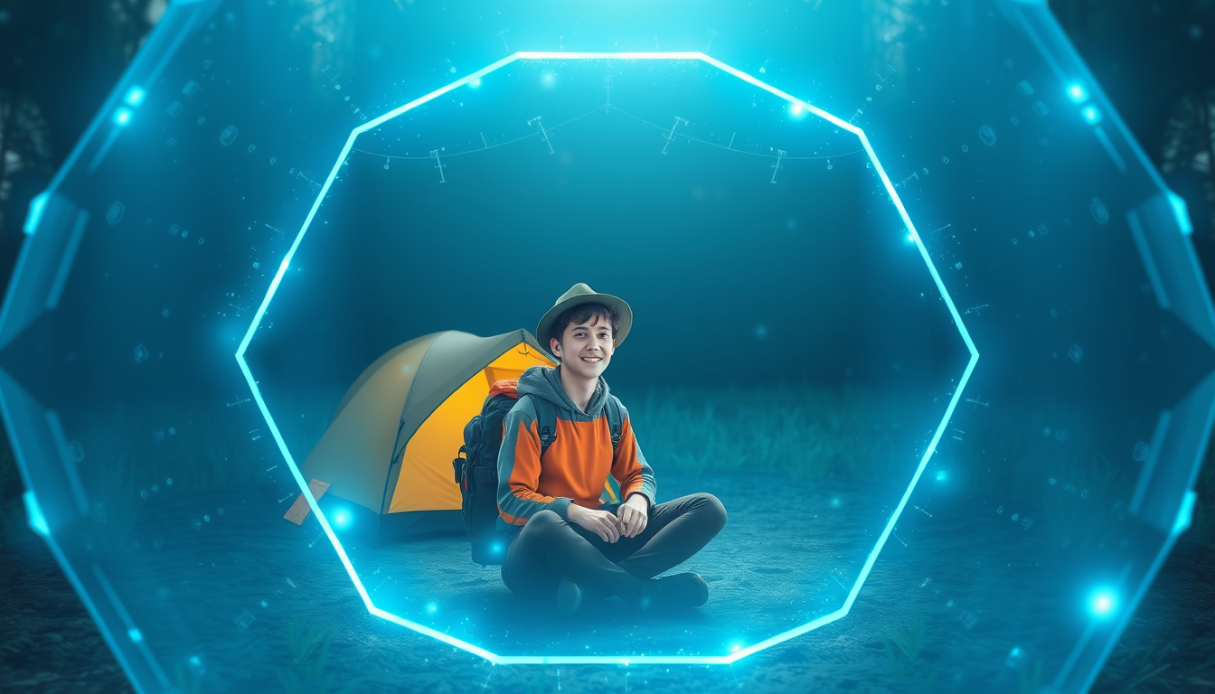 Main art studio: A student at a campsite surrounded by a shimmering, blue hexagonal forcefield (reminiscent of video game shields) . Headline: Aeroguard Tropical Stren