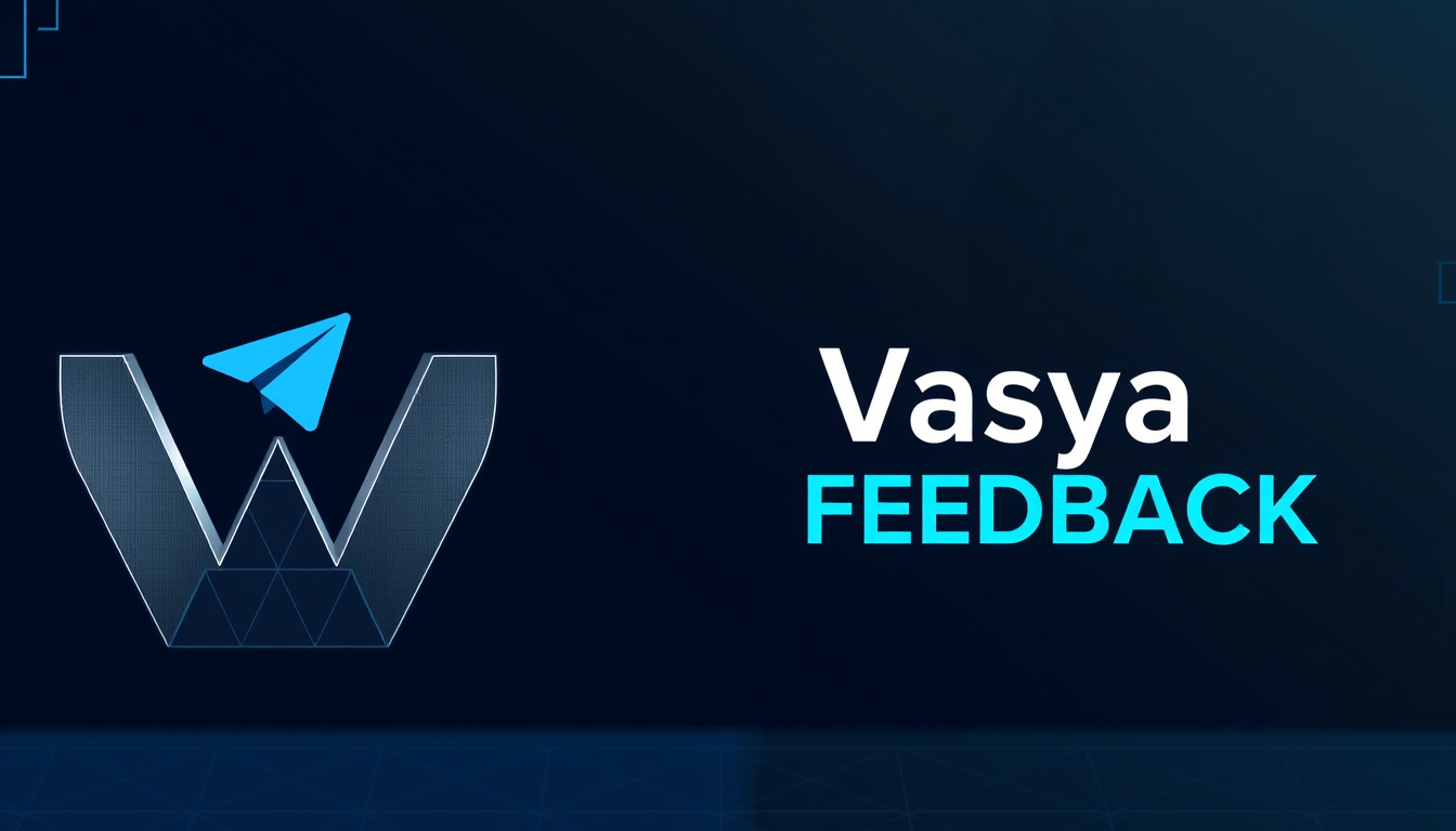 Main art studio: Wide 16:9 Telegram banner for “Vasya Feedback”. Dark navy and black gaming-tech background with a subtle world map and digital grid. On the left, a la