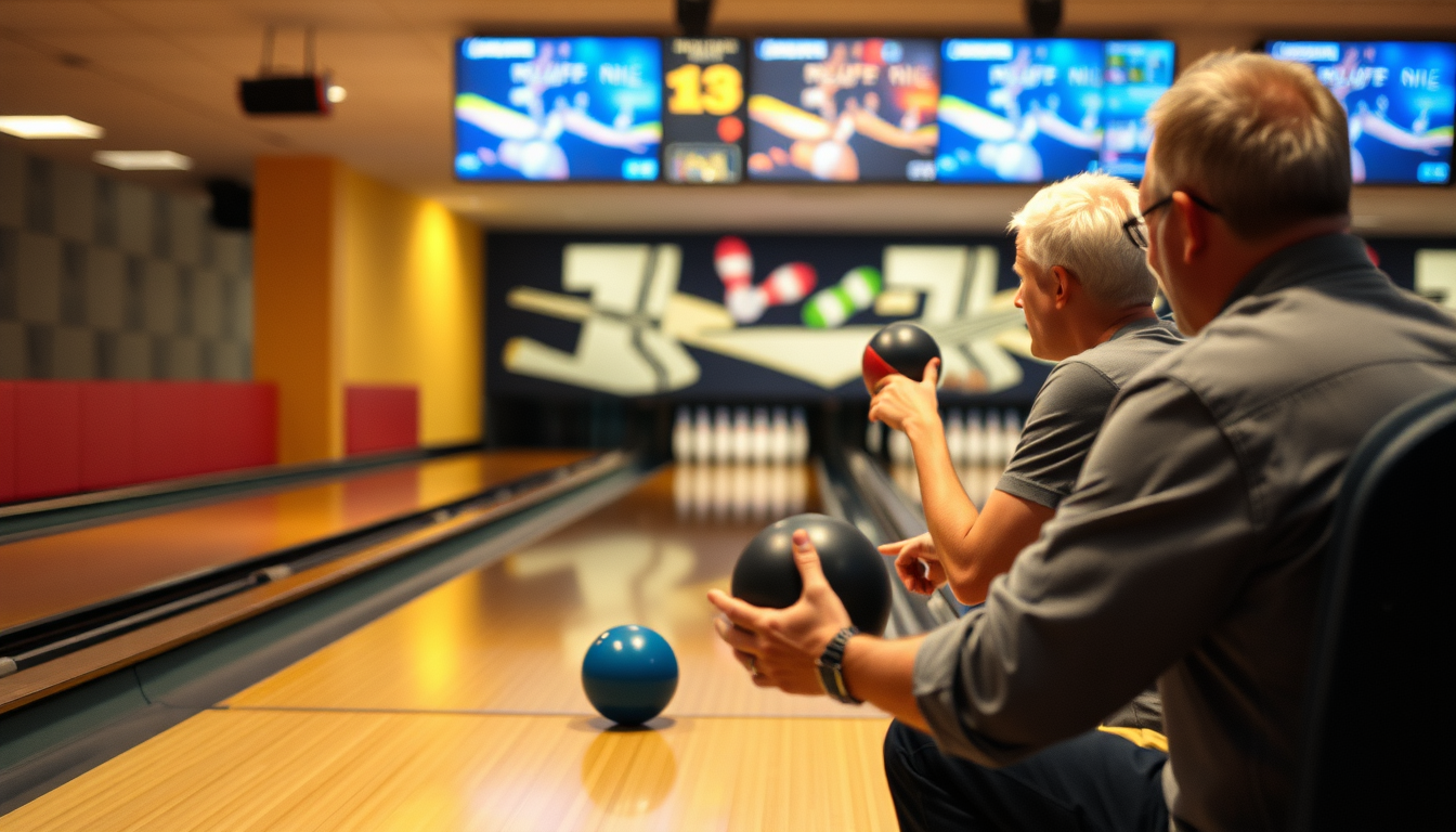 Main art studio: bowling spielen 3 erwachsene (männlich) und einmal ich 17 jahre (junge) ich bin grad dran und man sieht wie ich als person grade einen strike hit die 