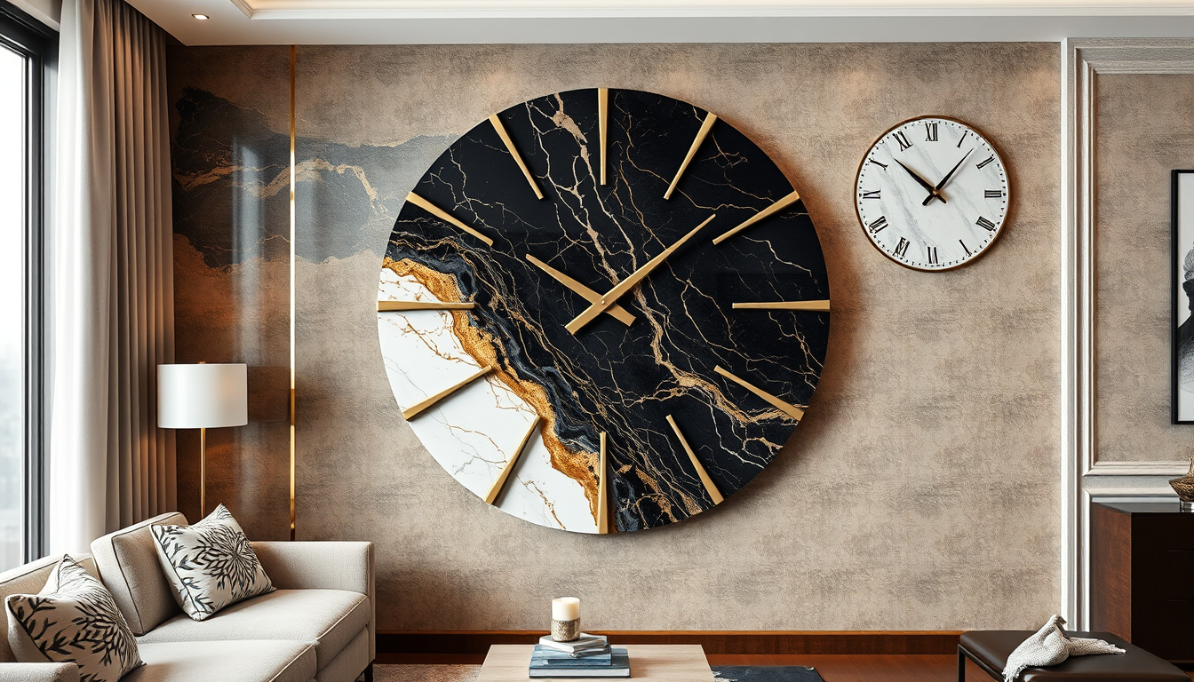 Main art studio: Luxury marble-pattern resin wall clock, elegant black and antique gold colors, subtle golden marble veins, glossy resin finish, modern artistic design