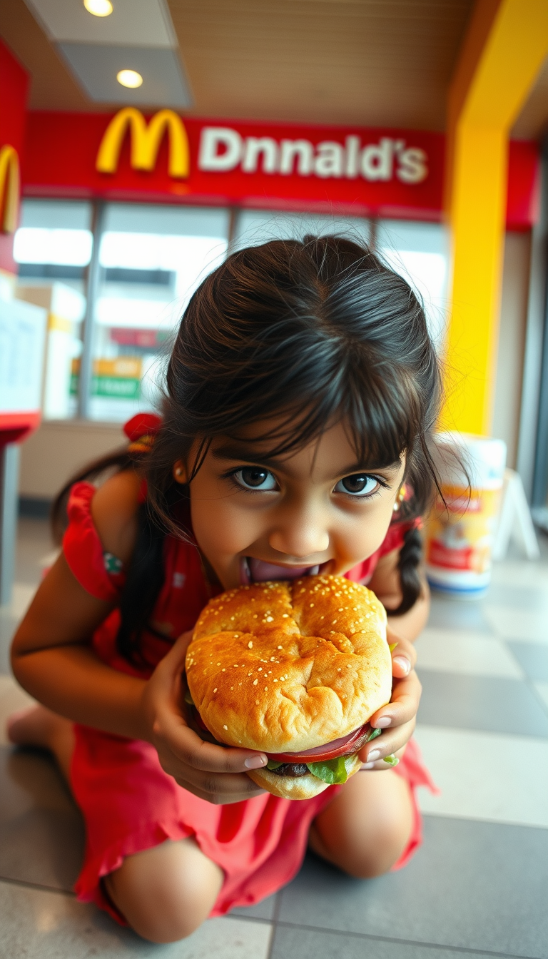 Main art studio: little indian girl in a mcdonalds on her knees with mouth open and mouthfull of chewed burger, angle from above