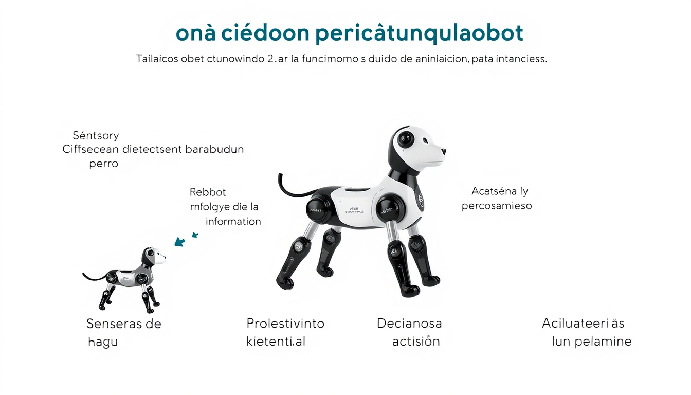 Main art studio: Creame una infografía educativa que explique el funcionamiento de un robot autónomo de forma de perro para ayudar a animales. Mostrar cuatro pasos con
