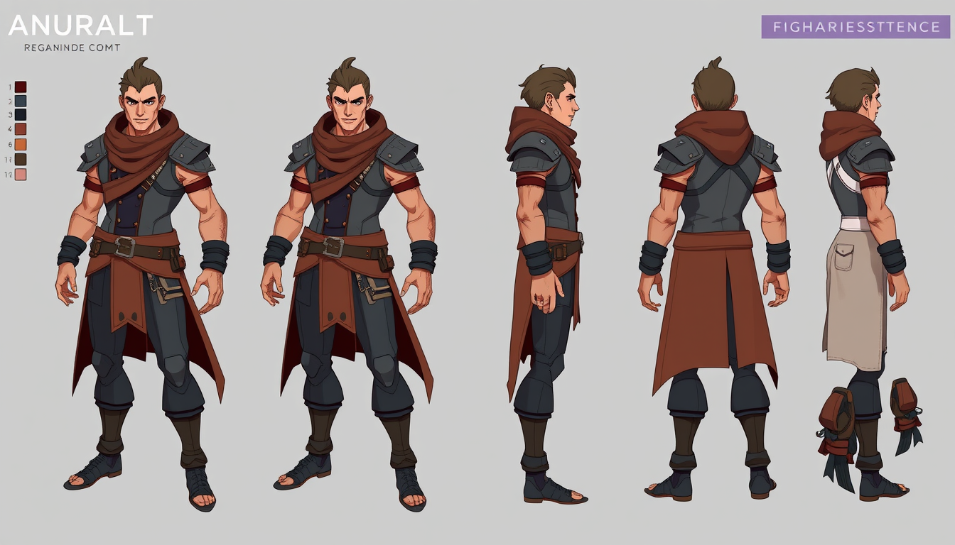 Character Sheet idea: a visual character reference sheet with a dominant full-body view, controlled details, palette swatches, and supporting expressions or accessories, de