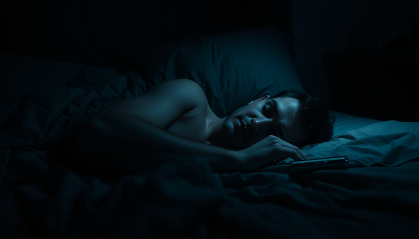 AI Art prompt example created from the prompt: Cinematic photorealistic scene of a tired person lying awake in bed at night, staring into the darkness, phone lying unused on a bedside tab