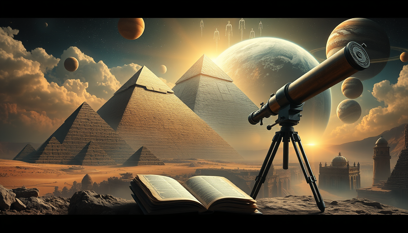 Main art studio: A visually spectacular composition combining ancient pyramids, a mysterious manuscript, a giant telescope, planets and scientific discoveries, represe