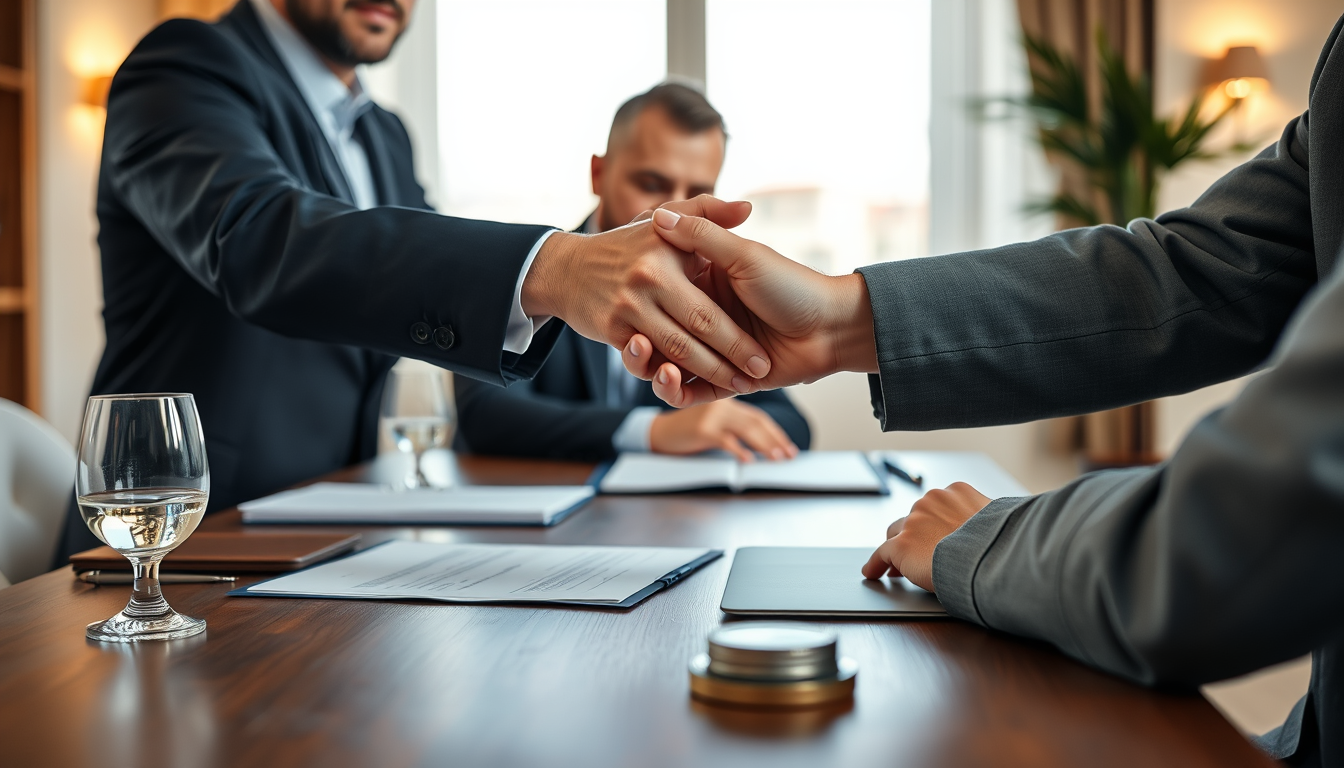 Main art studio: Proprietari sorridenti stringono la mano a un consulente immobiliare dopo aver ricevuto una valutazione. Tavolo elegante con documenti ordinati, ambie