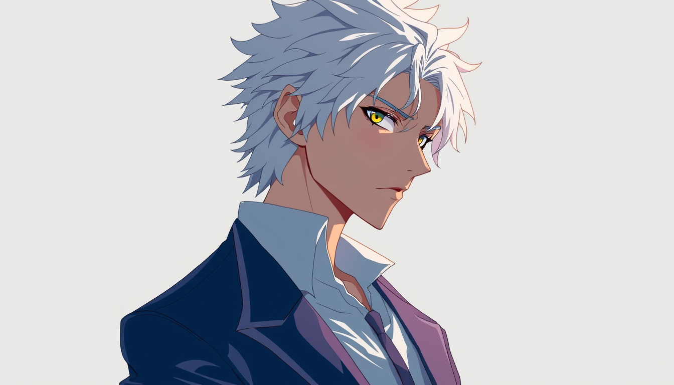 Characters idea: an original character defined by silhouette, role, outfit, palette, and expression, deliberate composition, a guy with white hair , polished image, co