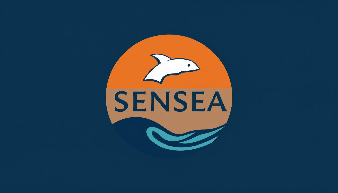Logo idea: logo design, clean minimal mark, bold simple shapes, balanced composition, cree un ecusson rond et coloré avec ecrit SENSEA 2 cétacés type baleine ou 