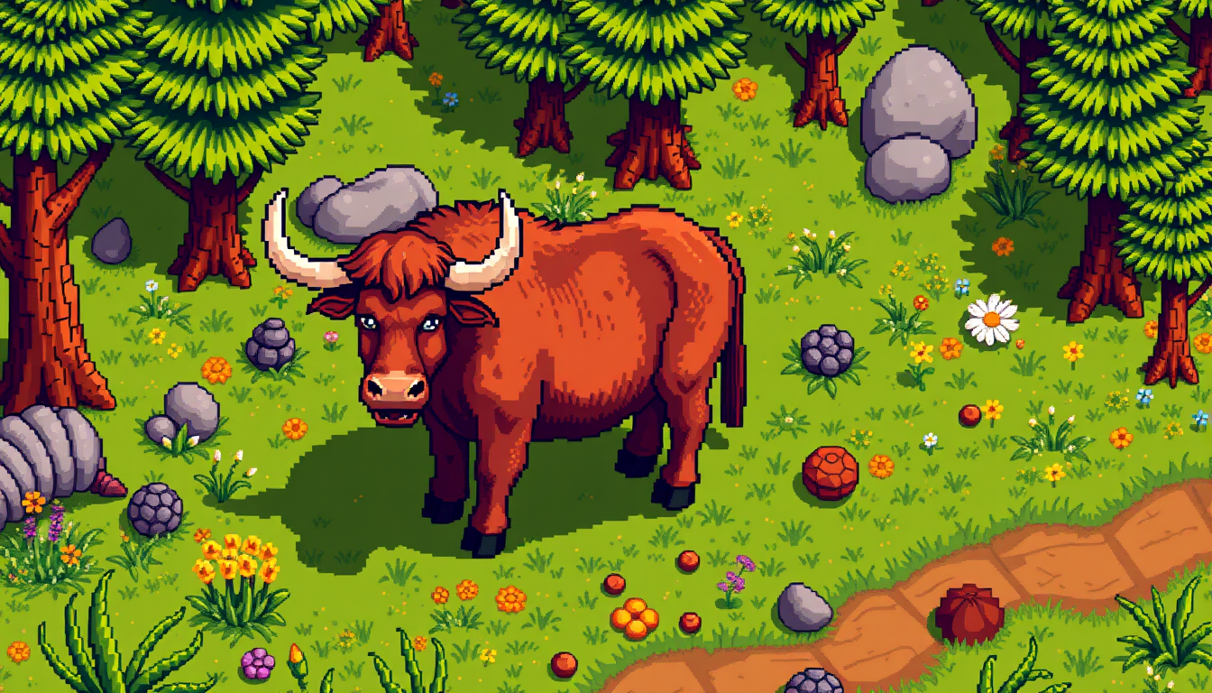 Main art studio: auerochse als pixelgrafik wie in stardew valley