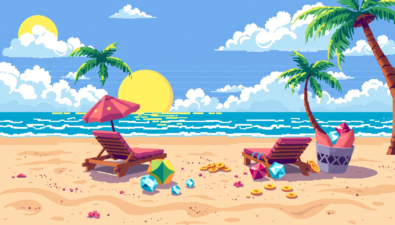 Main art studio: Boleto de raspe para un juego de mesa, estilo pixel art retro de 16 bits. Fondo de playa con mar, arena, palmeras, sol y un faro. Borde perforado, col