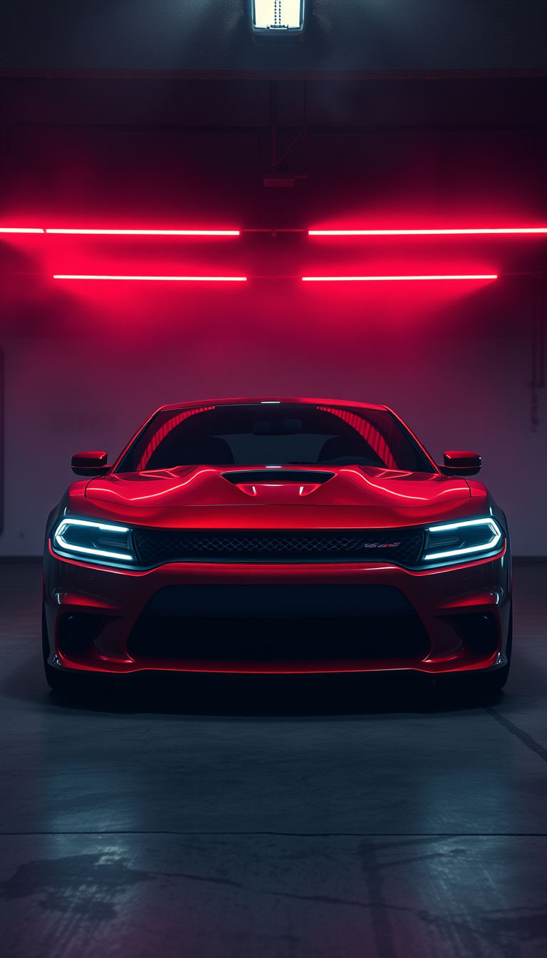 Main art studio: Vertical 9:16 mobile wallpaper, deep crimson Dodge Charger parked inside a dark underground garage, sharp LED headlights glowing white, subtle red neo