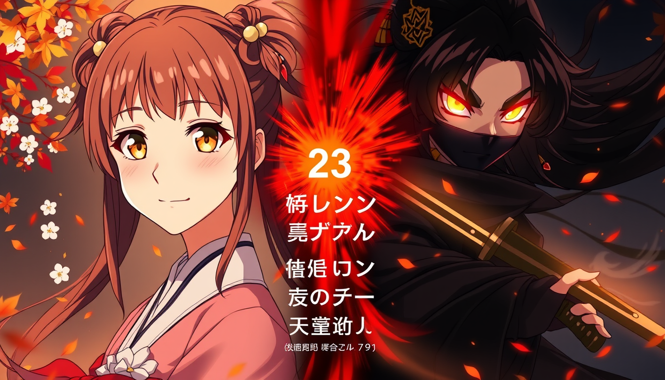 AI Art prompt example created from the prompt: Create a dramatic 16:9 Japanese anime episode thumbnail featuring Kimanjo Osaki, a 13-year-old girl with two distinctive loop-shaped twin ta